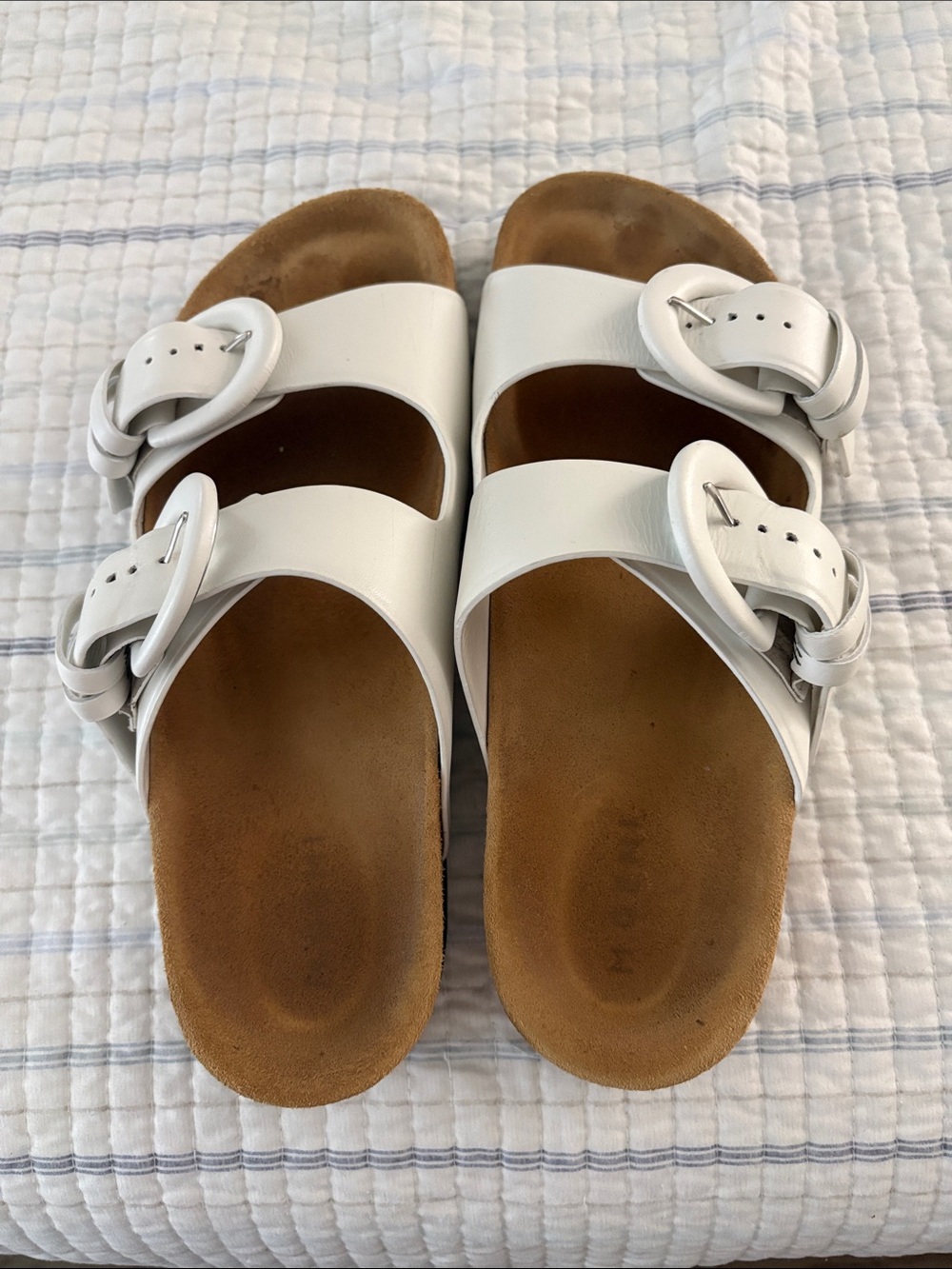 M. Gemi White Leather Buckle Sandals with Tan Suede Footbed - Picture 3 of 3